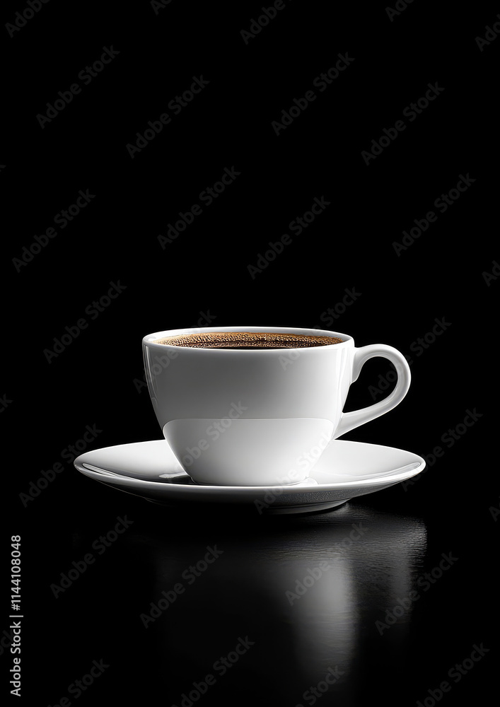 Hot coffee cup sits still. White coffee cup on reflective surface against black background showcasing rich brew and minimalist design Hot coffee cup sits still. White coffee cup on reflective surface against black background showcasing rich brew and minimalist design