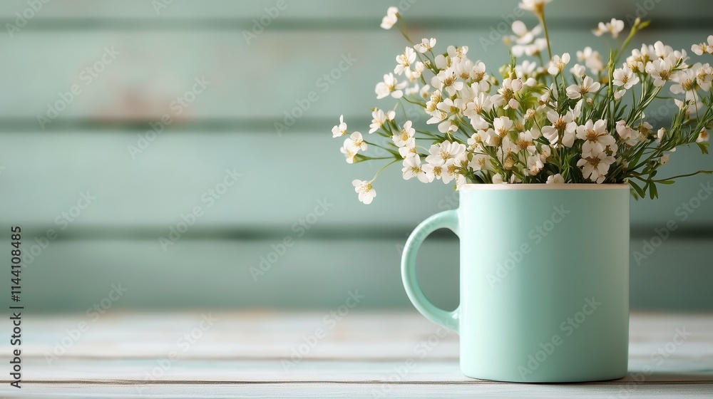 Mug with small white flowers placed on a rustic wooden table in a softly lit room Mug with small white flowers placed on a rustic wooden table in a softly lit room