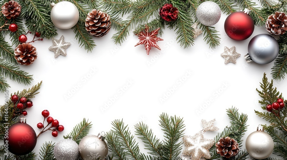 Festive Christmas Border with Ornaments, Pine Branches, and Berries on White Background Festive Christmas Border with Ornaments, Pine Branches, and Berries on White Background