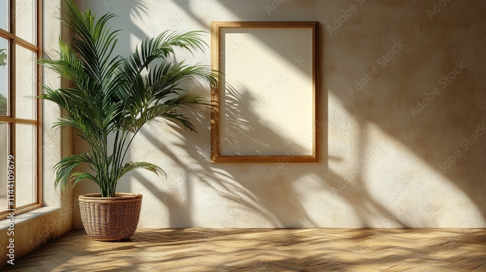 Obraz premium Sunlit room with plant, blank frame, and wooden floor.