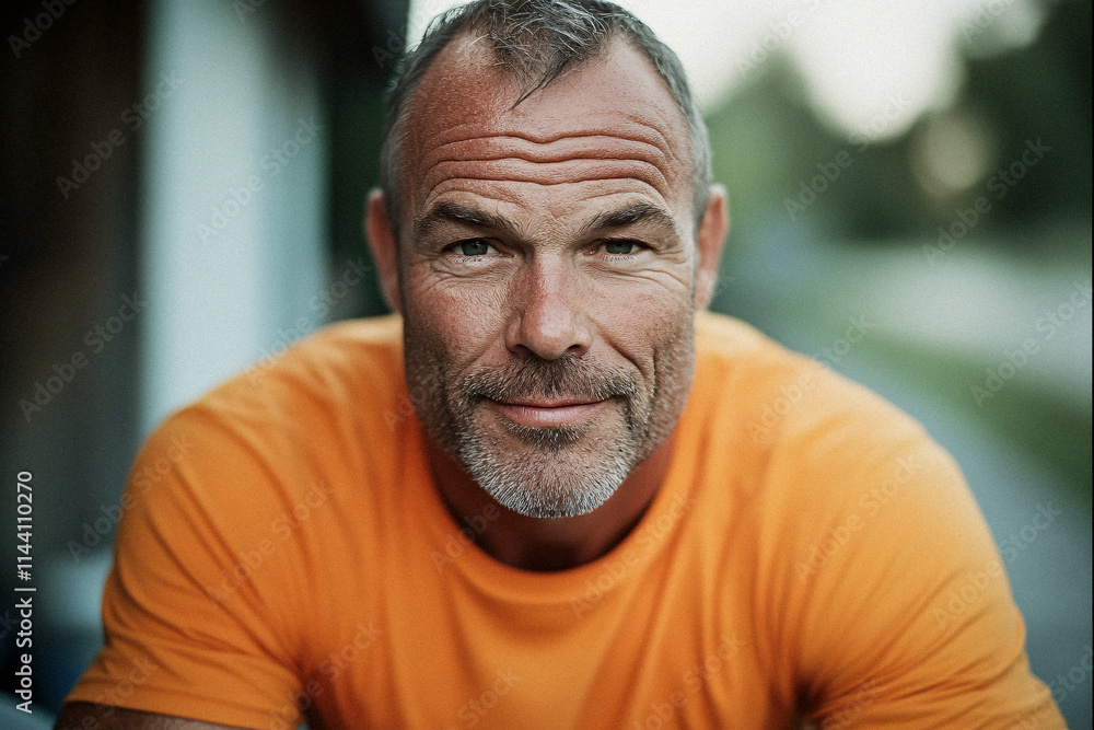 A confident, middle-aged man sporting a vibrant orange shirt smiles at the camera, embodying an energetic and active lifestyle against a blurred natural background. A confident, middle-aged man sporting a vibrant orange shirt smiles at the camera, embodying an energetic and active lifestyle against a blurred natural background.