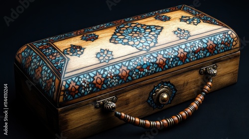 Ornate wooden box with intricate floral inlay and metal handles. photo