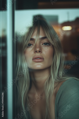 A stunning close-up portrait of a woman with long blonde hair, gazing directly at the camera with a soft expression, evoking beauty and intrigue against an atmospheric backdrop.