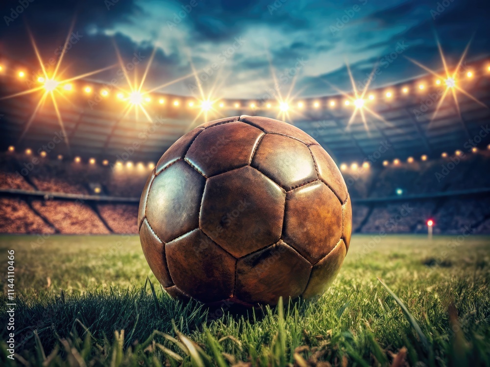 Fototapeta premium Retro stadium lights illuminate a close-up football scene; vintage soccer night game, roaring crowd.
