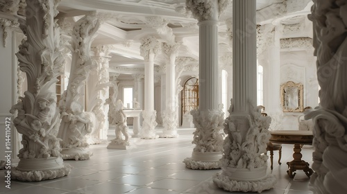 Luxurious white interior with ornate columns  statues  and marble floors.