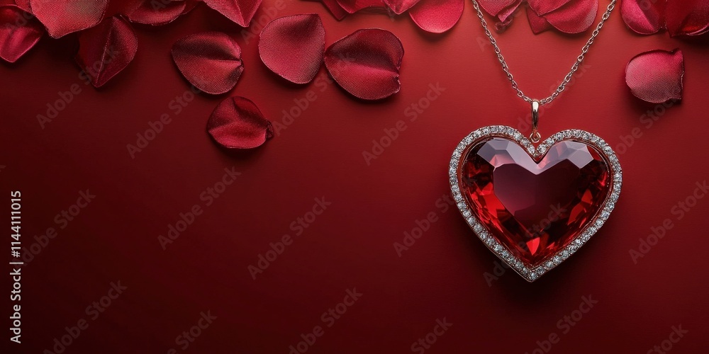 Fototapeta premium A stunning red heart pendant surrounded by rose petals, capturing elegance and romance in a minimalistic setting.