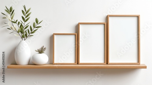 Mockup of three photo frames of different sizes on a shelf