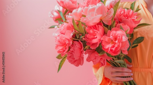 Woman holding a vibrant bouquet of pink flowers