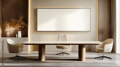 Rectangular conference table mockup in modern office with warm lighting