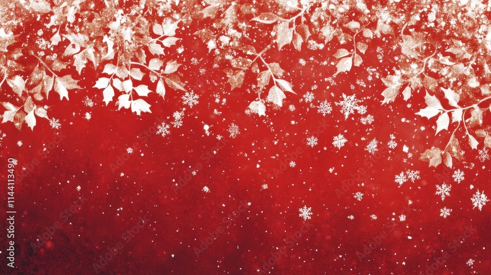 White Holly Leaves and Snowflakes on Red Background White Holly Leaves and Snowflakes on Red Background