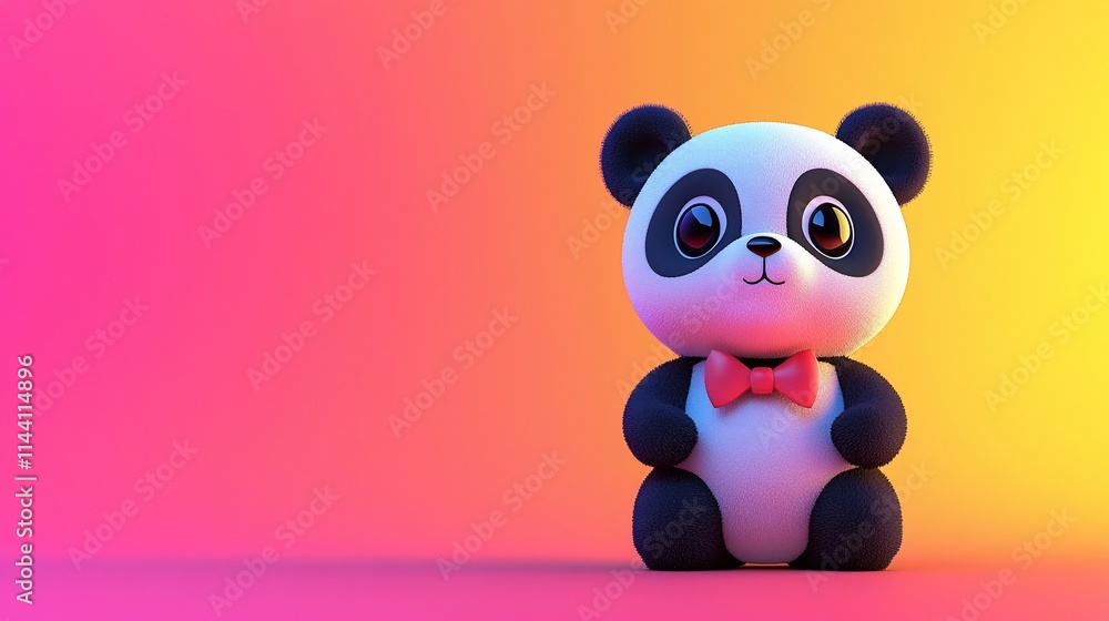 Fototapeta premium Cute cartoon panda bear with a red bow tie on a colorful background.