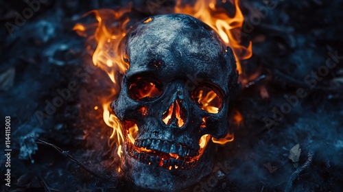Skull burned in fire in dark Halloween night.