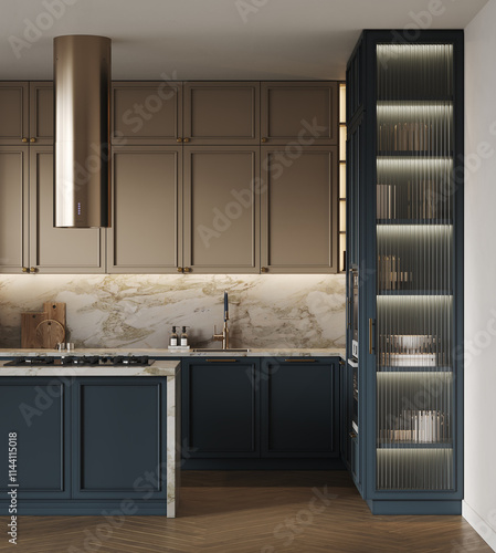 Modern classic beige blue kitchen with brass hood above kitchen island, cupboard with glass doors, cupboard facades with moldings. 3d render photo