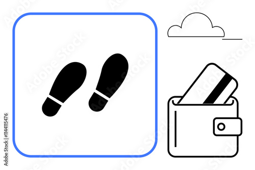 Two footsteps within blue square, wallet with credit card, cloud. Ideal for travel safety, financial security, journey planning, navigation apps, budget management, travel guides and fintech