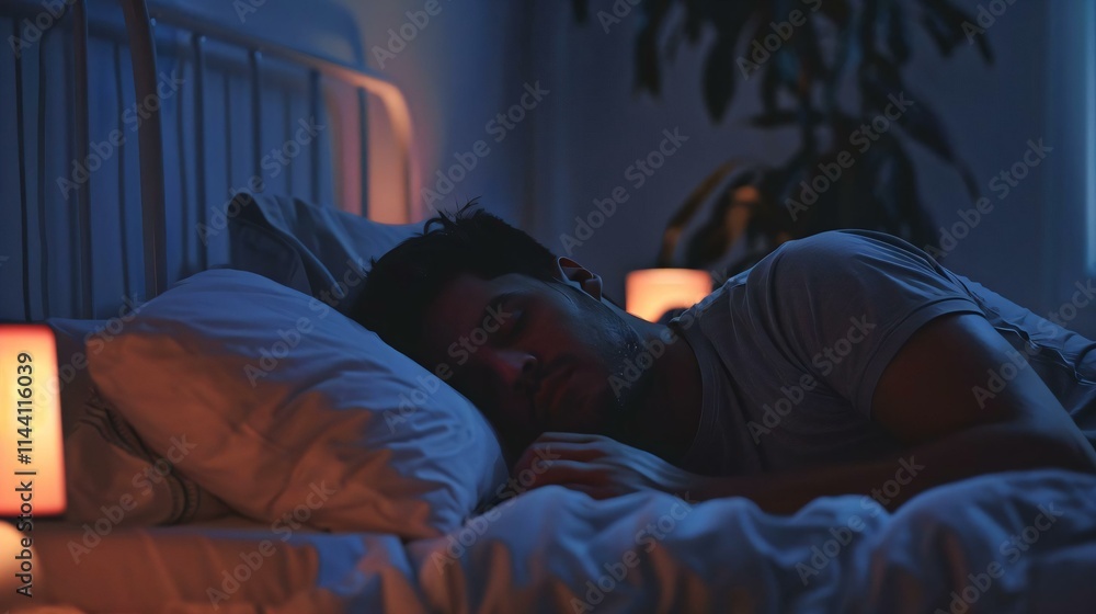 Man sleeps peacefully dimly lit room his head resting pillow surrounded neatly made bed plant Man sleeps peacefully dimly lit room his head resting pillow surrounded neatly made bed plant
