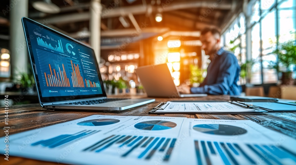 Wealth manager giving a presentation with graphs to a client in a modern office representing efficiency in wealth management Stock Photo with side copy space Wealth manager giving a presentation with graphs to a client in a modern office representing efficiency in wealth management Stock Photo with side copy space