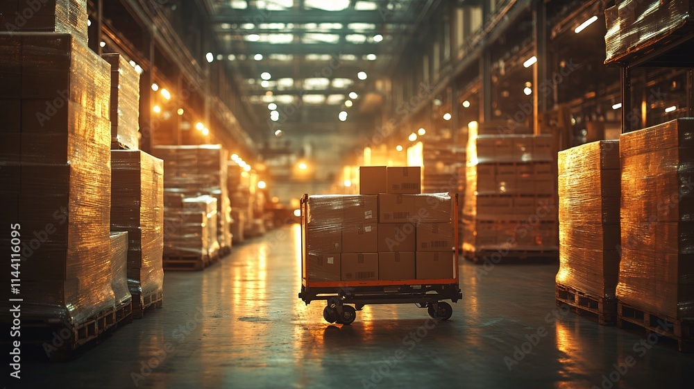 A dolly cart carrying boxes in a busy, softly illuminated warehouse, showcasing the heart of cargo delivery and international trade operations. A dolly cart carrying boxes in a busy, softly illuminated warehouse, showcasing the heart of cargo delivery and international trade operations.