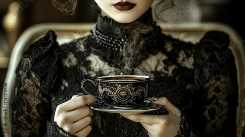 Elegant woman in black lace dress, holding ornate teacup.