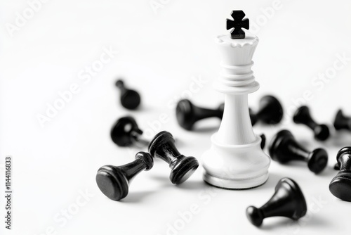 A battlefield of fallen chess pieces with a lone king standing tall, symbolizing strategic conflict and victory