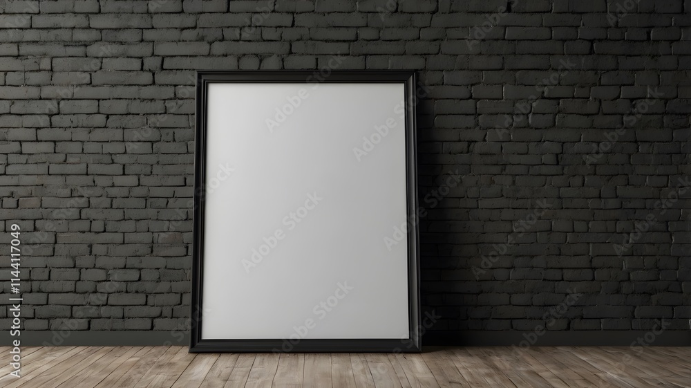 Dark empty black frame white screen mockup on textured brick wall, empty modern minimalist board decor aesthetic art. poster gallery or photo display Dark empty black frame white screen mockup on textured brick wall, empty modern minimalist board decor aesthetic art. poster gallery or photo display