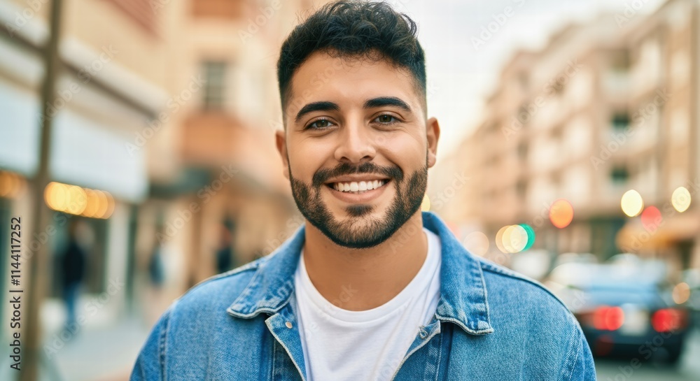 Smiling young man in denim jacket on urban street at dusk Smiling young man in denim jacket on urban street at dusk