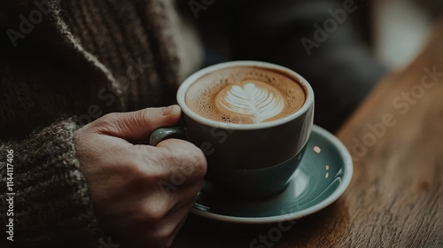 Warm latte art in a teal mug, held gently in a cozy sweatered hand. photo