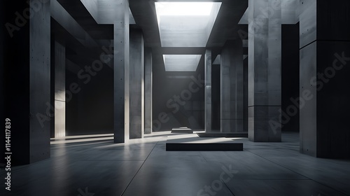 Dark  minimalist concrete hall with pillars and subtle light.