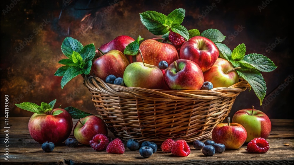 Dark, moody still life: plump apples, vibrant berries, and fresh mint spill from a rustic basket. Dark, moody still life: plump apples, vibrant berries, and fresh mint spill from a rustic basket.