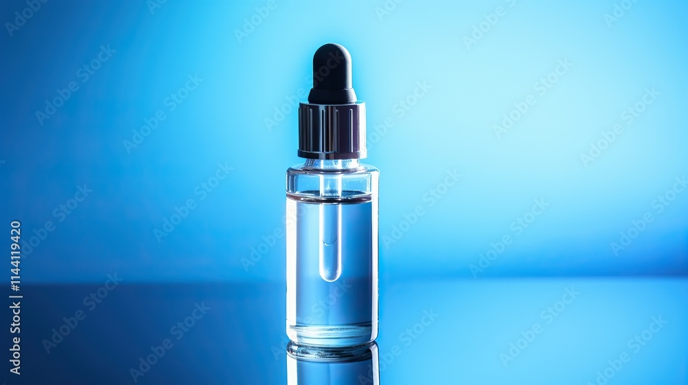 Glass Dropper Bottle with Clear Liquid against a Blue Background Glass Dropper Bottle with Clear Liquid against a Blue Background