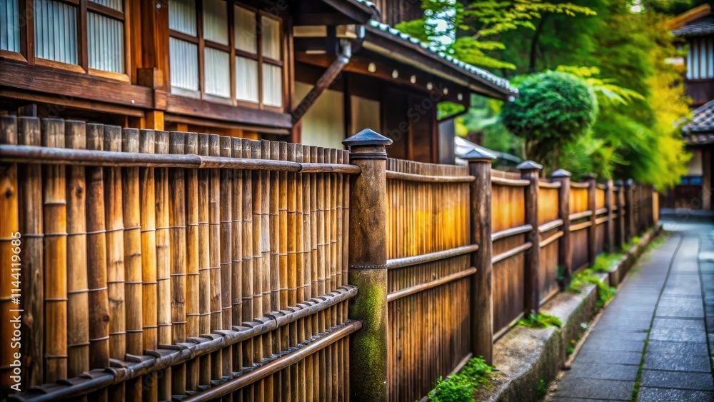 Documentary photographs capture traditional Japanese house fences: wooden, bamboo, architectural details within serene gardens. Documentary photographs capture traditional Japanese house fences: wooden, bamboo, architectural details within serene gardens.