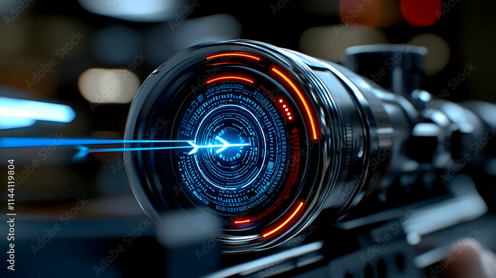 In a futuristic setting, a business professional displays a glowing blue digital target with an arrow in the middle, signifying accuracy, success, and business strategy. In a futuristic setting, a business professional displays a glowing blue digital target with an arrow in the middle, signifying accuracy, success, and business strategy.