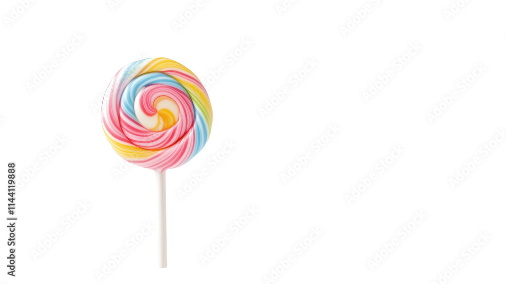 Colorful spiral lollipop on a white background showcasing vibrant candy patterns and playful hues. Colorful spiral lollipop on a white background showcasing vibrant candy patterns and playful hues.