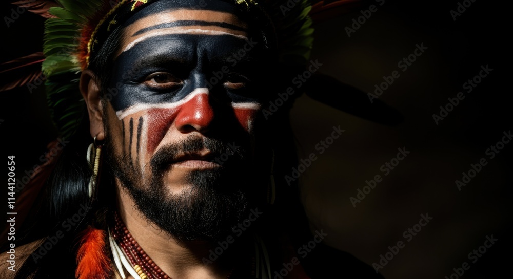 Indigenous man with traditional face paint in dramatic lighting Indigenous man with traditional face paint in dramatic lighting