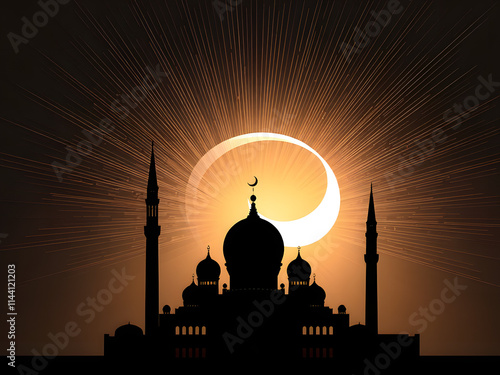 Mosque Silhouette at Night: Ramadan, Islam, Crescent Moon  photo