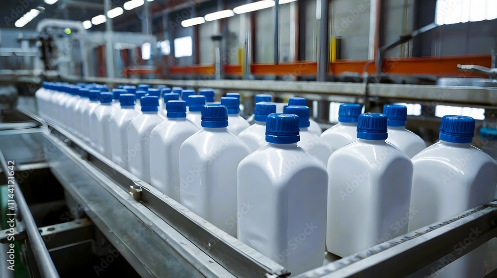 White plastic bottles jar with blue caps aligned in row, beverage container modern industrial packaging & manufacturing processes company White plastic bottles jar with blue caps aligned in row, beverage container modern industrial packaging & manufacturing processes company