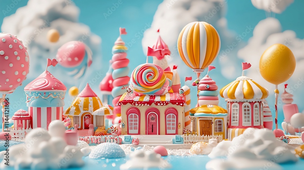 Candyland castle and whimsical houses on clouds. Candyland castle and whimsical houses on clouds.