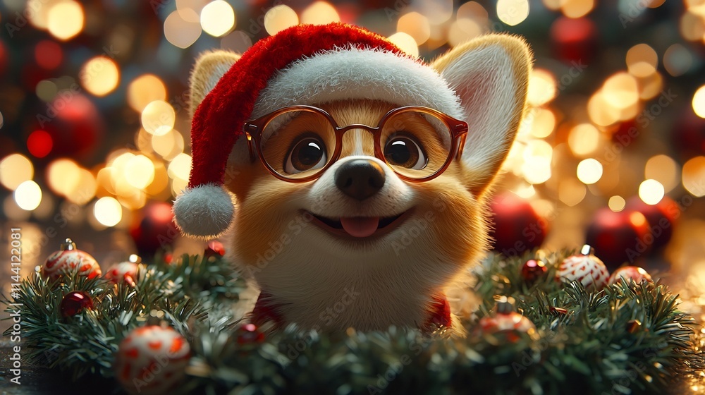 A 3D rendered image of an adorable cartoon corgi dog dressed in a bright red Santa hat and round glasses sitting near a glowing Christmas wreath in a and detailed style A 3D rendered image of an adorable cartoon corgi dog dressed in a bright red Santa hat and round glasses sitting near a glowing Christmas wreath in a and detailed style