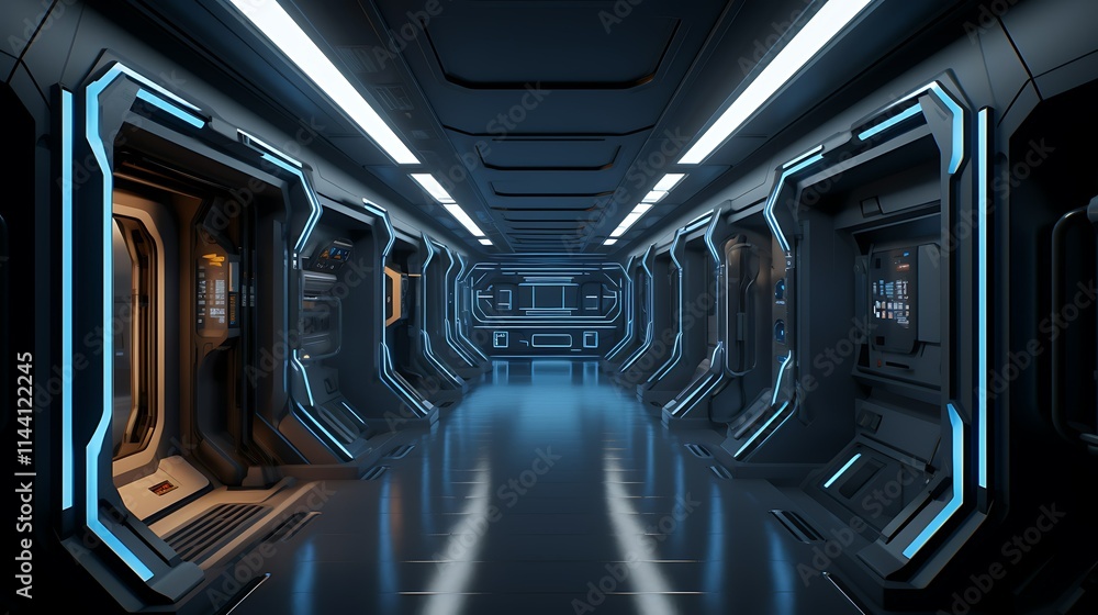 Obraz premium Futuristic spaceship corridor with glowing blue lights and metallic doors. (1)