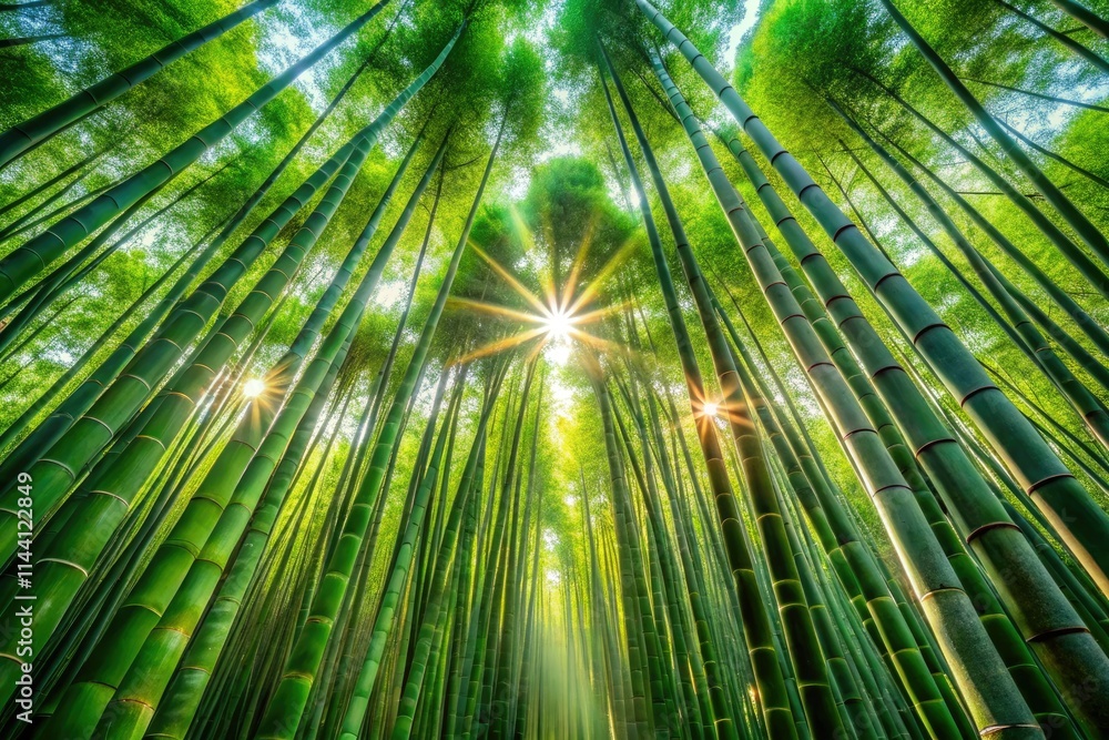 Immersive panoramic view: a lush, vibrant bamboo forest, AI-generated. Immersive panoramic view: a lush, vibrant bamboo forest, AI-generated.