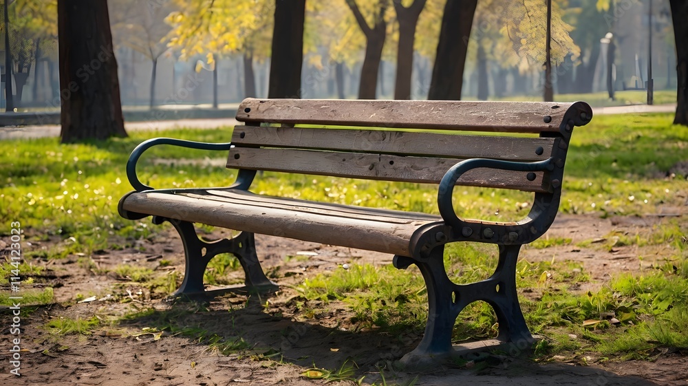 Wooden bench on serene park path with green grass. Tranquil atmosphere tree sunny morning, serene outdoor scene Wooden bench on serene park path with green grass. Tranquil atmosphere tree sunny morning, serene outdoor scene