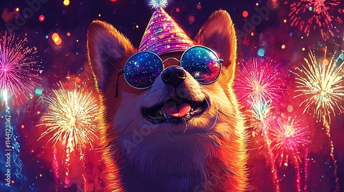 Adorable cartoon of a Shiba Inu puppy wearing round stylish glasses and a New Year 2025 party hat surrounded by a of colorful fireworks and festive photo