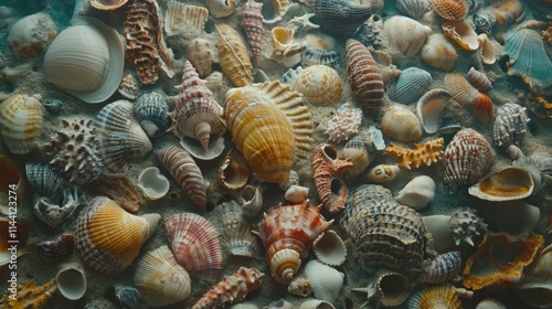 close-up shot completely filled with tropical seashells, different shapes and colors, frame entirely covered, natural textures, coastal look photo