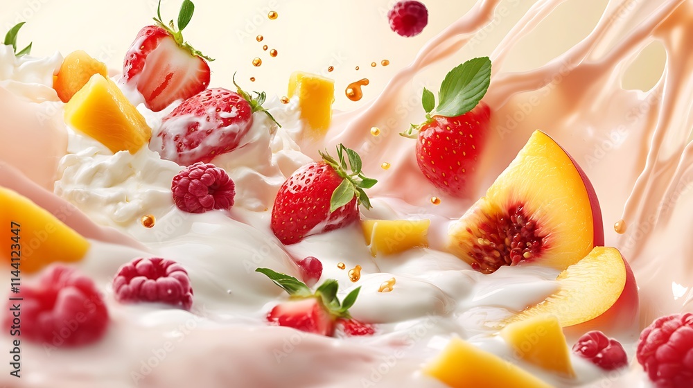Creamy yogurt with fresh strawberries, raspberries, peaches, and mango pieces splashing. Creamy yogurt with fresh strawberries, raspberries, peaches, and mango pieces splashing.