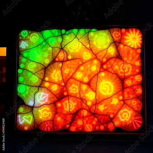 Bioluminescent colors glow on bronze banner boards with an antique patina finish, illuminated by natural light for a vibrant effect.jpg