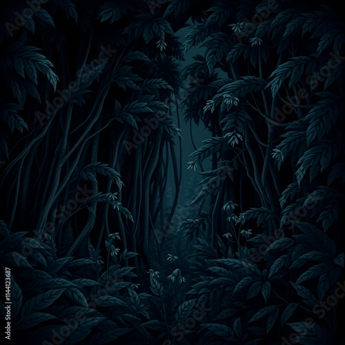 An adorable and charming illustration of a jet-black rainforest, rendered in pure black with deep shadows. The scene is characterized by intense darkness.jpg