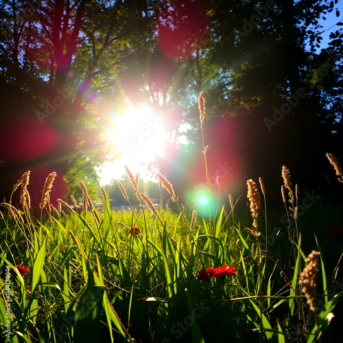 A vibrant nature scene bathed in bright colors with backlighting creating strong silhouettes, conveying lively energy.jpg
