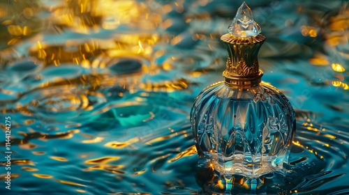 Goldtopped perfume bottle partially submerged rippled water reflecting golden blue color scheme photo