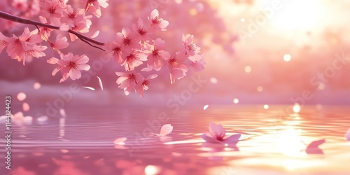 Intimate close up of sakura blossoms reflecting on tranquil water surface at sunset