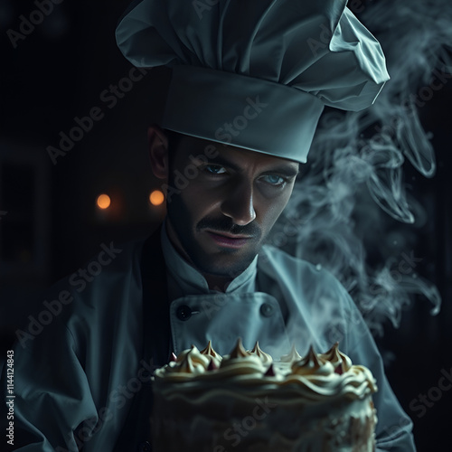 A high-resolution stock photo of a cake chef in an eerie, creepy atmosphere. The image is commercial-quality with dark tones and unsettling details.jpg