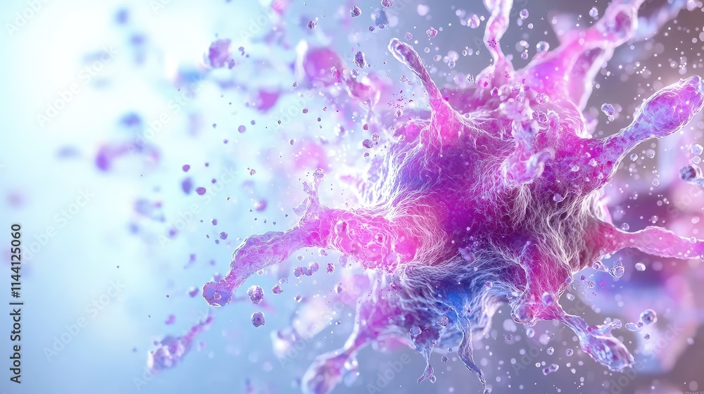 Fototapeta premium Microscopic 3D render of a purple cancer cell exploding and releasing particles in a bright blue liquid environment.